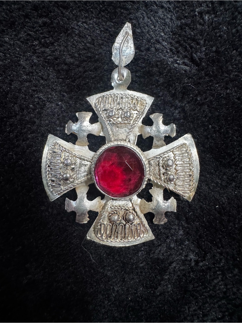 Antiqued Sterling Silver Cross Pendant with Red/Pink Gemstone